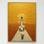 Figurative hand-painted canvas depicting a woman with three goats walking toward a golden sunset, warm ochre and burnt orange palette