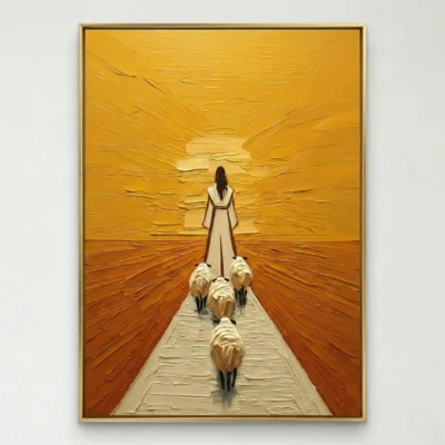 Figurative hand-painted canvas depicting a woman with three goats walking toward a golden sunset, warm ochre and burnt orange palette