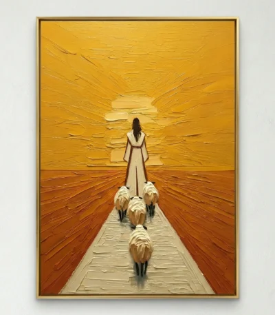 Figurative hand-painted canvas depicting a woman with three goats walking toward a golden sunset, warm ochre and burnt orange palette
