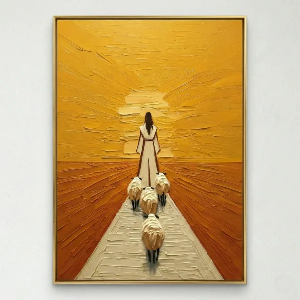 Figurative hand-painted canvas depicting a woman with three goats walking toward a golden sunset, warm ochre and burnt orange palette