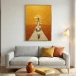 Figurative hand-painted canvas depicting a woman leading goats toward a radiant sunset in golden and terracotta tones, contemporary living space