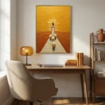 Textured figurative hand-painted canvas depicting a woman leading three dogs toward a golden sunset, warm ochre and amber tones, styled study space
