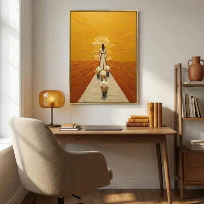 Textured figurative hand-painted canvas depicting a woman leading three dogs toward a golden sunset, warm ochre and amber tones, styled study space