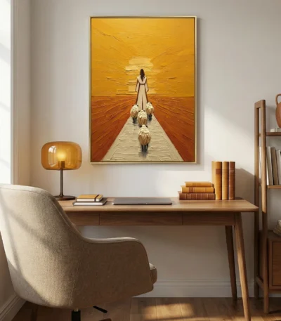 Textured figurative hand-painted canvas depicting a woman leading three dogs toward a golden sunset, warm ochre and amber tones, styled study space