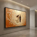 Figurative hand-painted canvas depicting two silhouettes amid textured feather motifs in warm orange and cream tones, contemporary gallery space