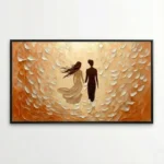 Textured figurative hand-painted canvas depicting two silhouetted figures against layered cream and burnt orange feathered brushstrokes