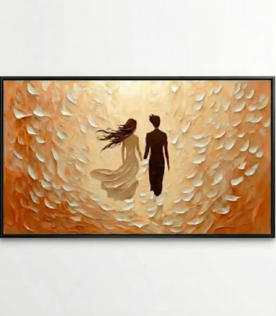 Textured figurative hand-painted canvas depicting two silhouetted figures against layered cream and burnt orange feathered brushstrokes