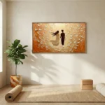 Textured figurative hand-painted canvas depicting two silhouetted figures against warm ochre and cream layered background, contemporary interior setting