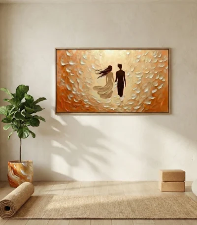 Textured figurative hand-painted canvas depicting two silhouetted figures against warm ochre and cream layered background, contemporary interior setting