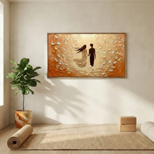 Textured figurative hand-painted canvas depicting two silhouetted figures against warm ochre and cream layered background, contemporary interior setting