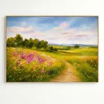 Impressionist landscape painting depicting a wildflower meadow with pink blooms, golden fields, and distant mountains under soft blue sky