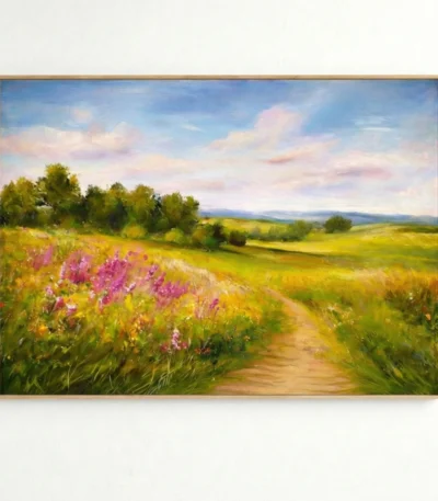Impressionist landscape painting depicting a wildflower meadow with pink blooms, golden fields, and distant mountains under soft blue sky