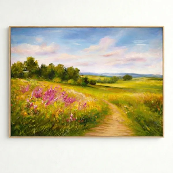 Impressionist landscape painting depicting a wildflower meadow with pink blooms, golden fields, and distant mountains under soft blue sky