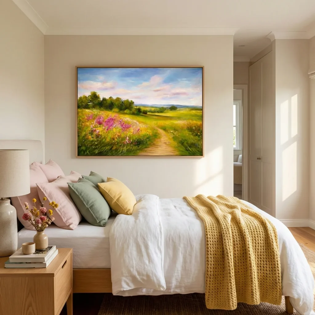 Pastoral Bloom textured wall art shown framed on the wall in a styled interior