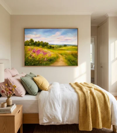 Impressionist landscape painting depicting wildflower meadow with pink blooms, golden path and rolling hills, soft pastel palette, modern bedroom