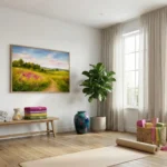 Impressionist landscape hand-painted canvas depicting wildflower meadow with pink blooms and winding path, golden greens and sky blues, contemporary living space