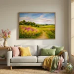 Impressionist landscape hand-painted canvas depicting wildflower meadow with pink blooms, golden fields, and blue sky, contemporary living space