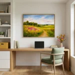 Impressionist landscape hand-painted canvas depicting wildflower meadow with pink blooms and winding path, golden greens and blue skies, styled in contemporary workspace