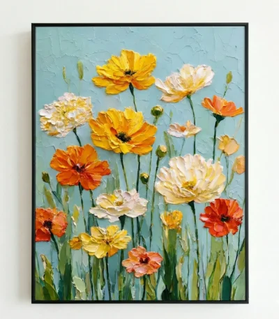 Contemporary hand-painted canvas of vibrant wildflowers in yellow, orange, and cream tones against soft blue sky