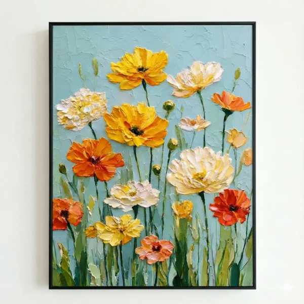 Contemporary hand-painted canvas of vibrant wildflowers in yellow, orange, and cream tones against soft blue sky