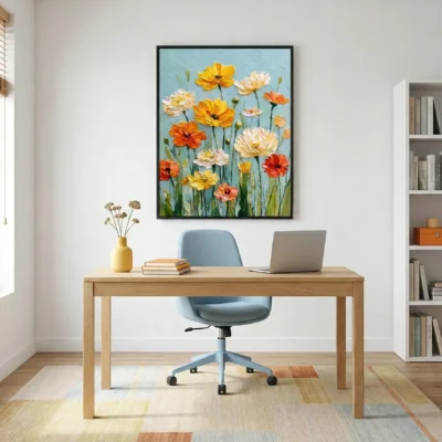 Impressionist hand-painted canvas of vibrant wildflowers in yellow, orange, and cream tones against soft blue sky, modern home office