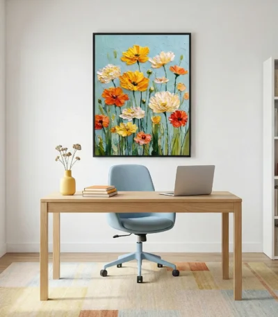 Impressionist hand-painted canvas of vibrant wildflowers in yellow, orange, and cream tones against soft blue sky, modern home office