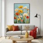 Textured contemporary hand-painted canvas of vibrant wildflowers in yellow, coral, and cream against soft blue, modern living space