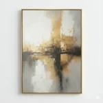 Abstract hand-painted canvas with layered gold, cream, and charcoal tones depicting a misty waterfront cityscape