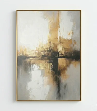 Abstract hand-painted canvas with layered gold, cream, and charcoal tones depicting a misty waterfront cityscape