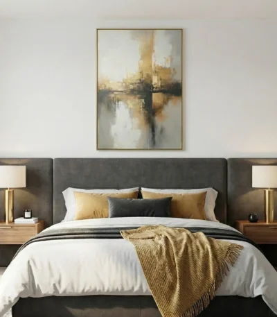 Layered abstract hand-painted canvas depicting an architectural reflection in muted golds, greys and cream tones, modern bedroom