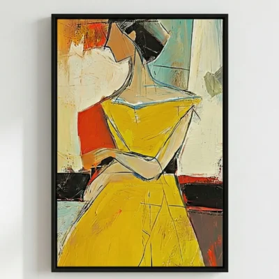 Contemporary abstract hand-painted canvas with bold geometric forms in vibrant yellow, red, and cream tones