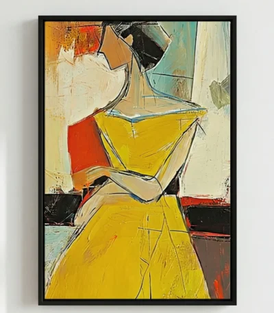 Contemporary abstract hand-painted canvas with bold geometric forms in vibrant yellow, red, and cream tones