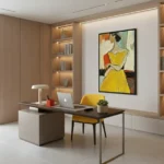 Gestural figurative hand-painted canvas depicting woman in yellow dress with bold expressionist brushstrokes and warm color palette, contemporary office setting
