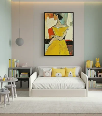 Contemporary figurative hand-painted canvas depicting woman in yellow dress, bold gestural strokes with warm ochre and red accents, modern nursery
