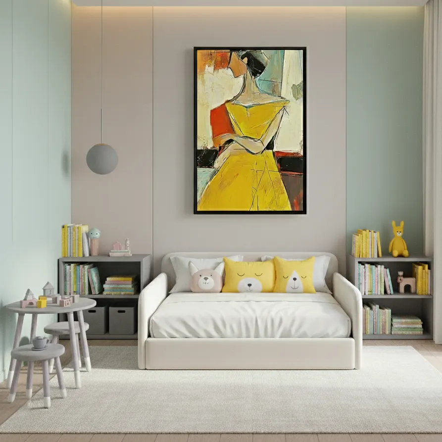 Golden Muse Portrait Stylized woman in yellow dress color wall art (3) Contemporary figurative hand-painted canvas depicting woman in yellow dress, bold gestural strokes with warm ochre and red accents, modern nursery