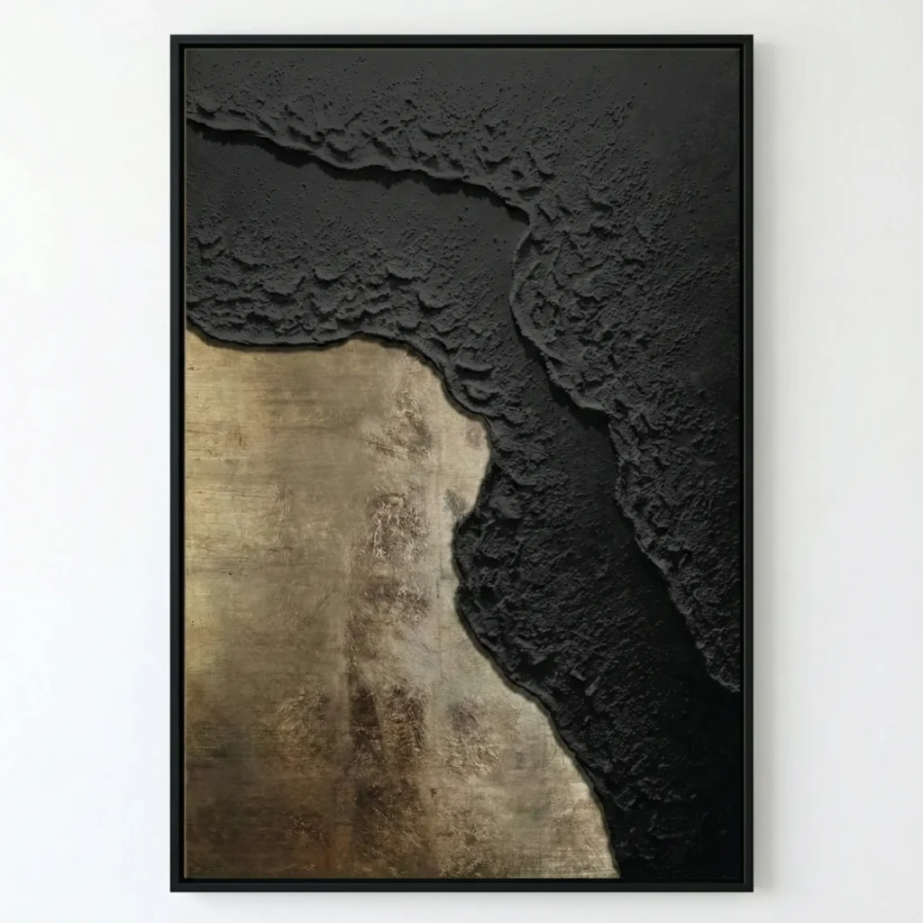 Textured abstract hand-painted canvas in contrasting charcoal and ochre tones with layered gestural brushwork