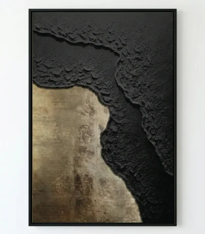 Textured abstract hand-painted canvas in contrasting charcoal and ochre tones with layered gestural brushwork
