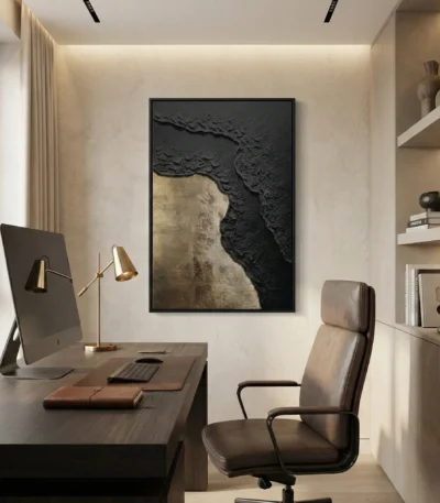 Textured abstract hand-painted canvas in charcoal and gold leaf with organic erosion effect, contemporary office space
