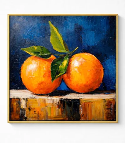 Contemporary hand-painted canvas depicting two vibrant oranges with green leaves against deep blue and ochre tones