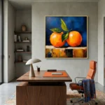 Contemporary still life hand-painted canvas depicting vibrant orange citrus fruits with green leaves against deep blue and ochre tones, modern workspace