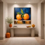 Textured impressionist hand-painted canvas depicting two vibrant oranges with green leaves against deep blue background, warm ochre tones, contemporary entryway