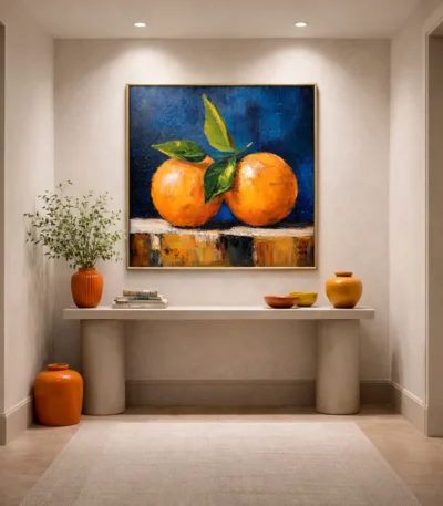 Textured impressionist hand-painted canvas depicting two vibrant oranges with green leaves against deep blue background, warm ochre tones, contemporary entryway