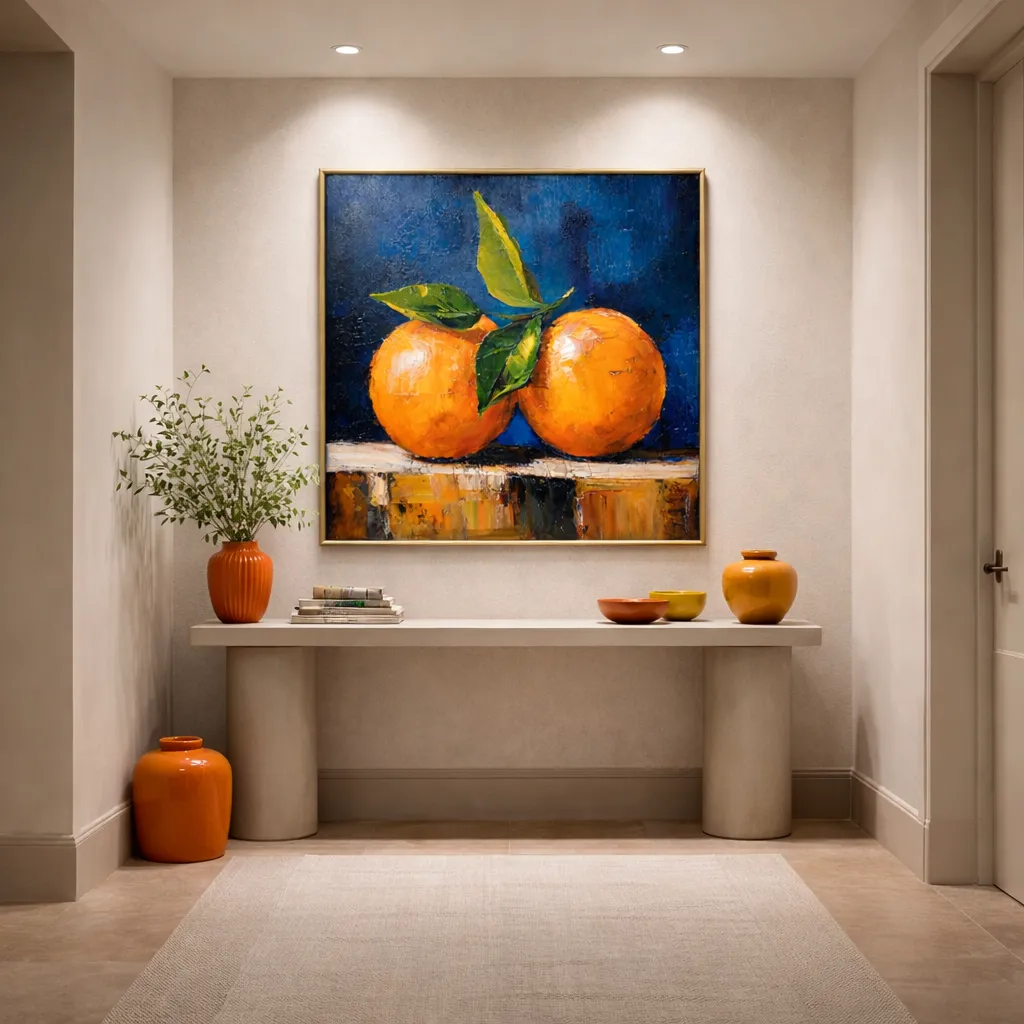 Golden Oranges Rich painterly contrast color wall art (5) Textured impressionist hand-painted canvas depicting two vibrant oranges with green leaves against deep blue background, warm ochre tones, contemporary entryway
