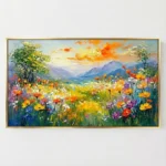 Impressionist hand-painted canvas depicting wildflower meadow with vibrant orange, yellow, and purple blooms beneath golden sunset and distant mountains