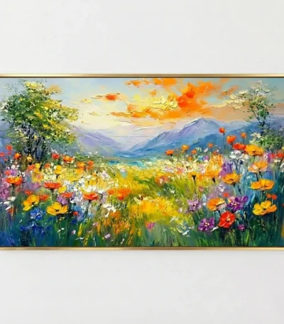 Impressionist hand-painted canvas depicting wildflower meadow with vibrant orange, yellow, and purple blooms beneath golden sunset and distant mountains