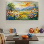 Impressionist hand-painted canvas depicting wildflower meadow with mountains, vibrant yellows oranges purples, contemporary living space