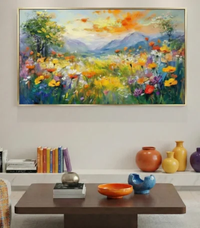 Impressionist hand-painted canvas depicting wildflower meadow with mountains, vibrant yellows oranges purples, contemporary living space
