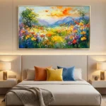 Impressionist hand-painted canvas of wildflower meadow with vibrant yellows, oranges, purples, and blues beneath golden sunset sky, modern bedroom