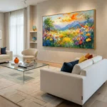 Impressionist hand-painted canvas depicting wildflower meadow with vibrant oranges, yellows, and purples beneath golden sunset sky, contemporary living space