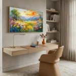 Impressionist hand-painted canvas depicting wildflower meadow with vibrant orange, yellow, and purple blooms beneath golden sunset sky and distant mountains, contemporary workspace